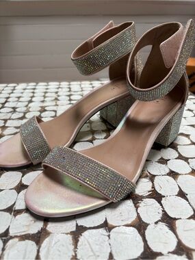 Iridescent Crystal Strap Block Heel Sandals - Women’s size 10